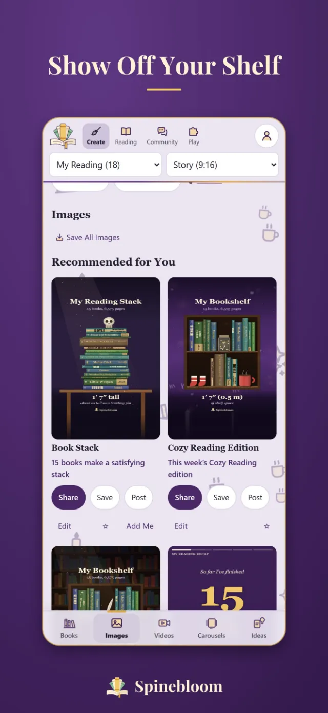 Spinebloom’s Create screen, showing a book stack and a bookshelf drawn from the reader’s own books.
