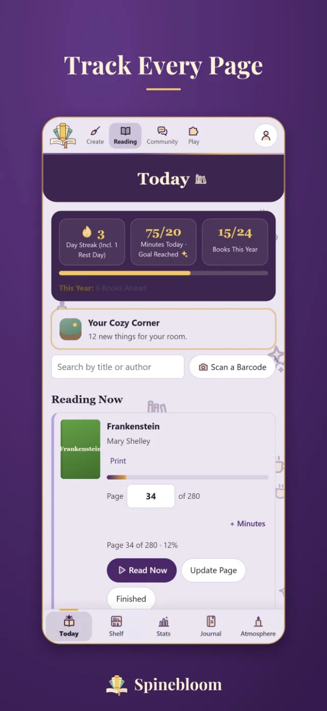 Spinebloom’s Reading screen, with the book being read and the day’s progress.