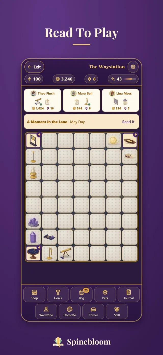 The Cozy Bookshop game, with a merge board in a bookshop being restored.