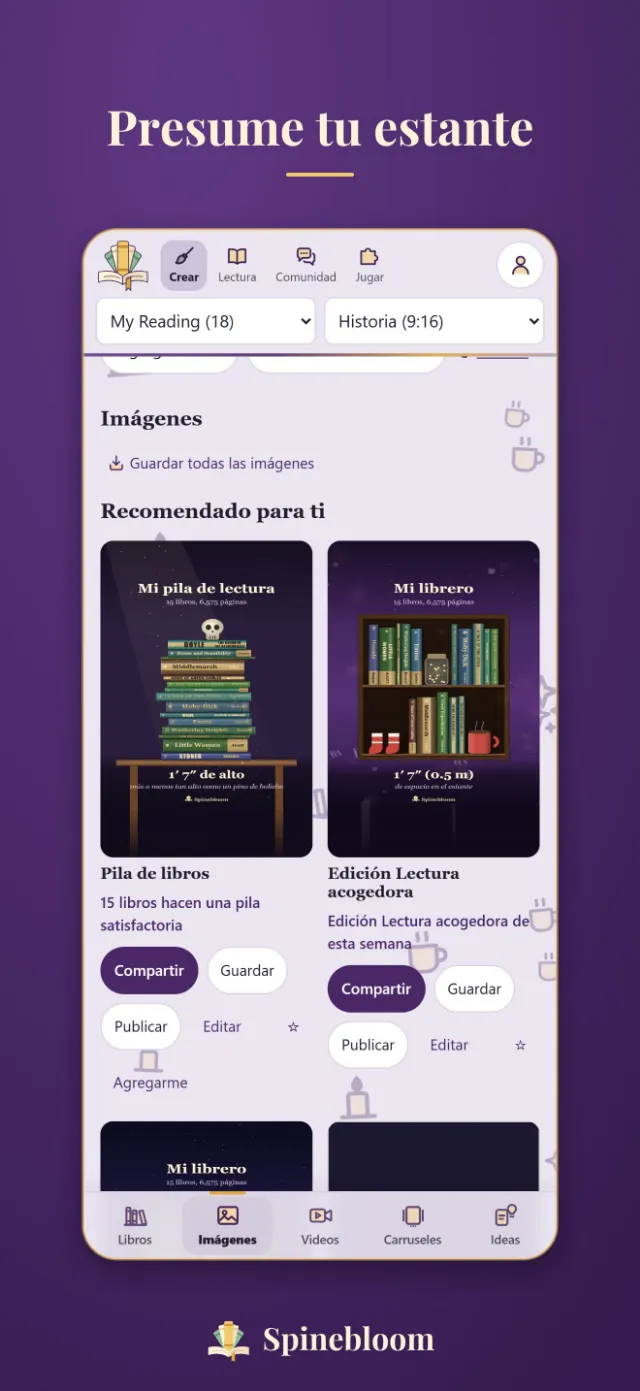 La pantalla Crear de Spinebloom, con una pila y un estante dibujados con los libros de la persona.