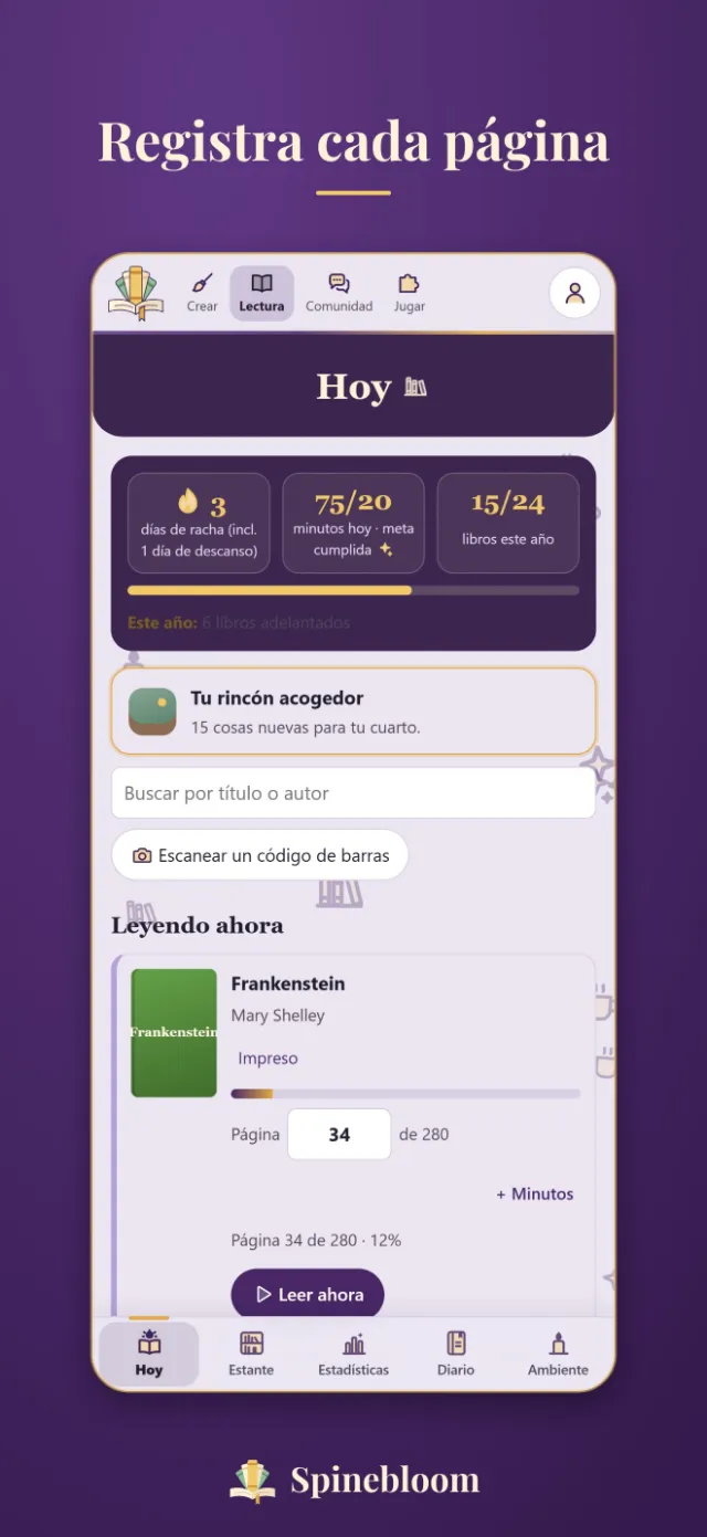 La pantalla Lectura de Spinebloom, con el libro que se está leyendo y el avance del día.