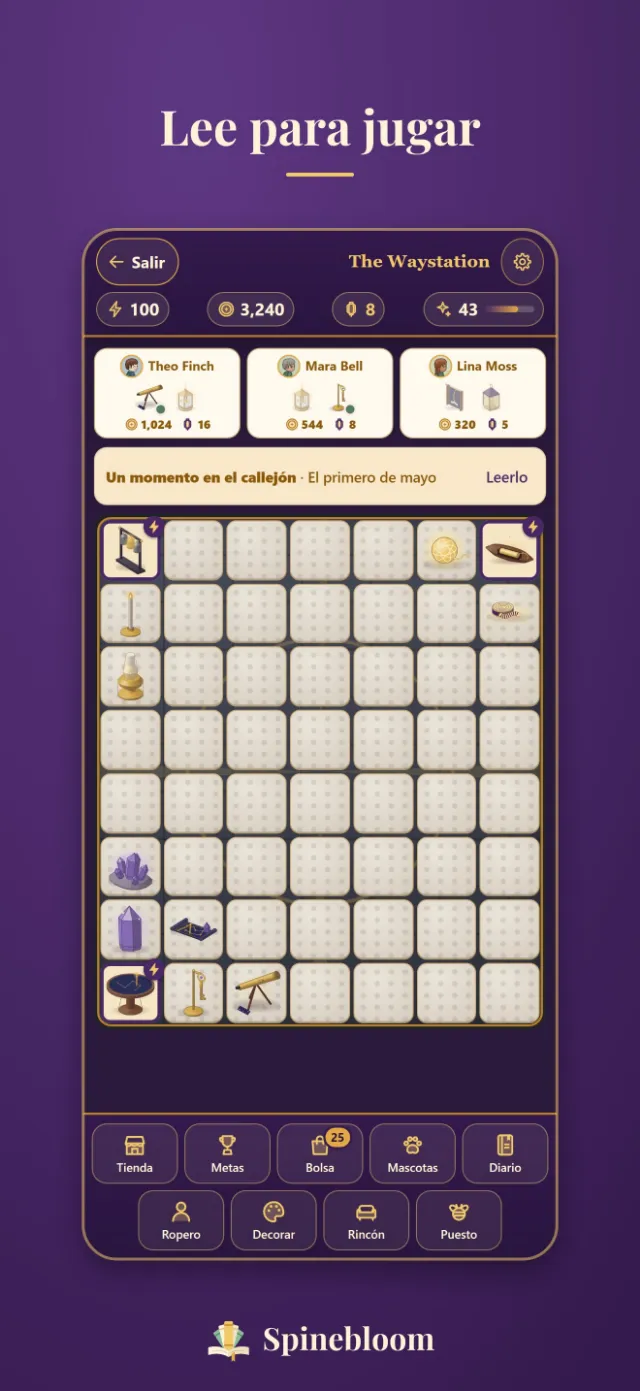 El juego de la librería acogedora, con un tablero para fusionar en una librería que se está restaurando.