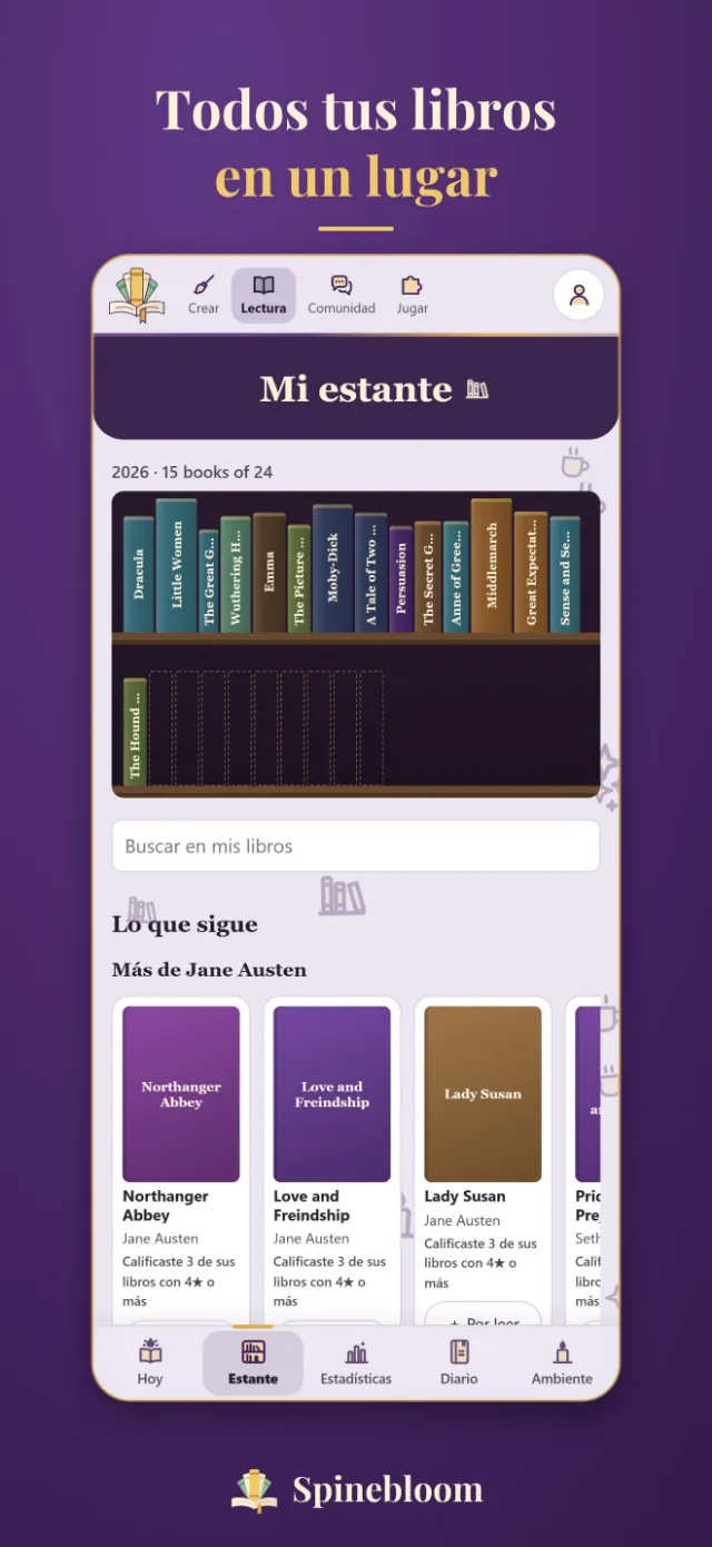 El estante de una persona en Spinebloom, con sus libros, calificaciones y fechas de lectura.