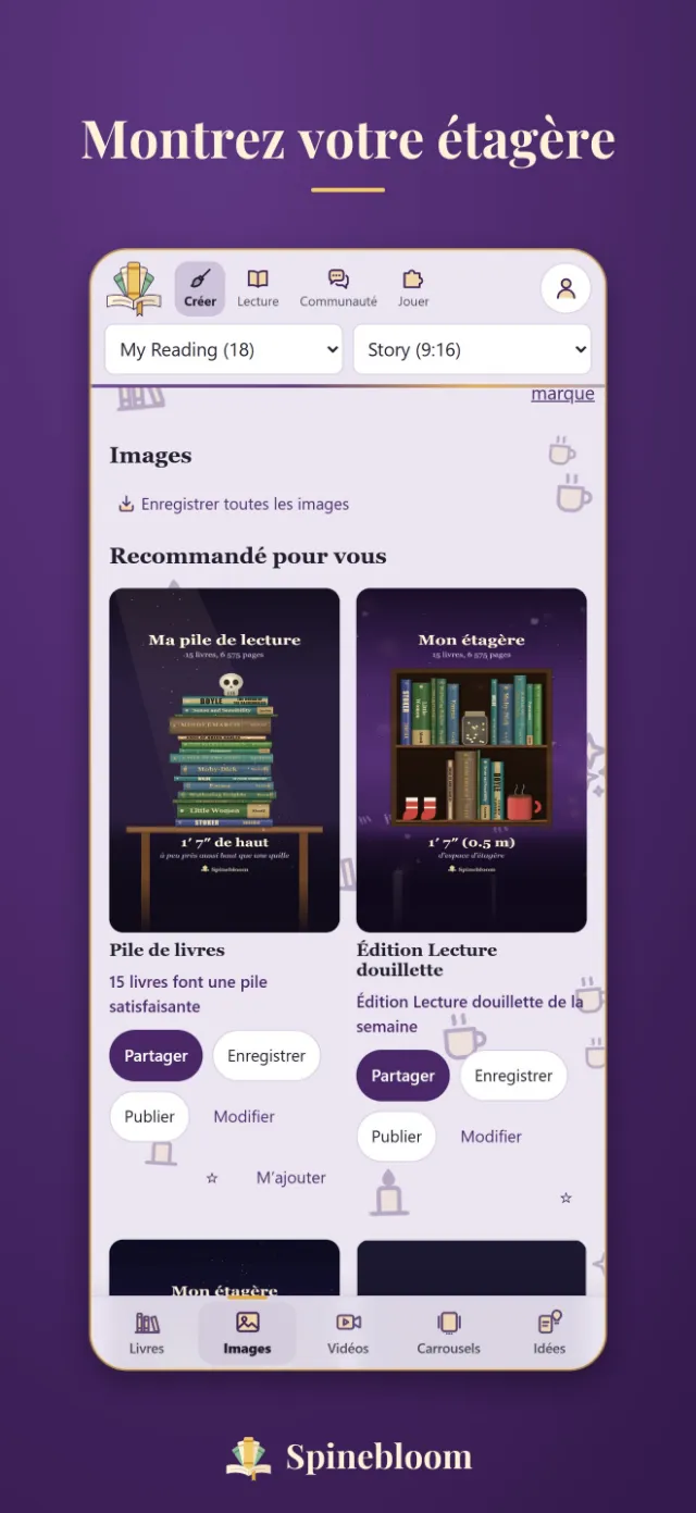 L’écran Créer de Spinebloom, avec une pile et une étagère dessinées à partir des livres de la personne.