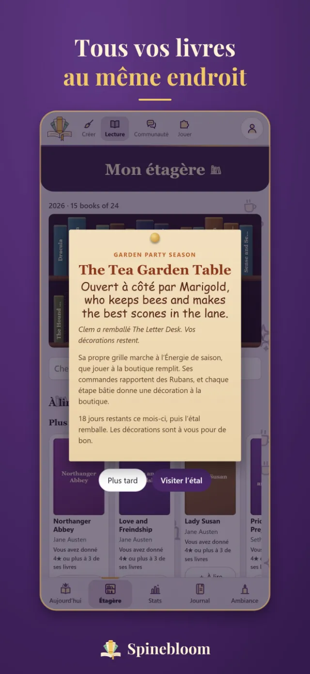 L’étagère d’une personne dans Spinebloom, avec ses livres, ses notes et ses dates de lecture.